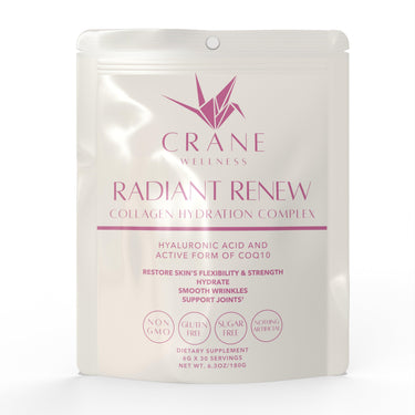 Front of Radiant Renew Collagen Hydration Complex powder with hyaluronic acid and CoQ10 to restore skin's flexibility and strength, hydrate skin, smooth wrinkles and support healthy joints. Non-gmo, gluten free, sugar free, and nothing artificial. 30 servings per bag.